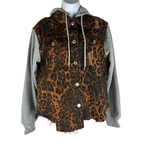 Leopard Print Denim Jacket With Gray Sleeves & Hood 100% Cotton Size S